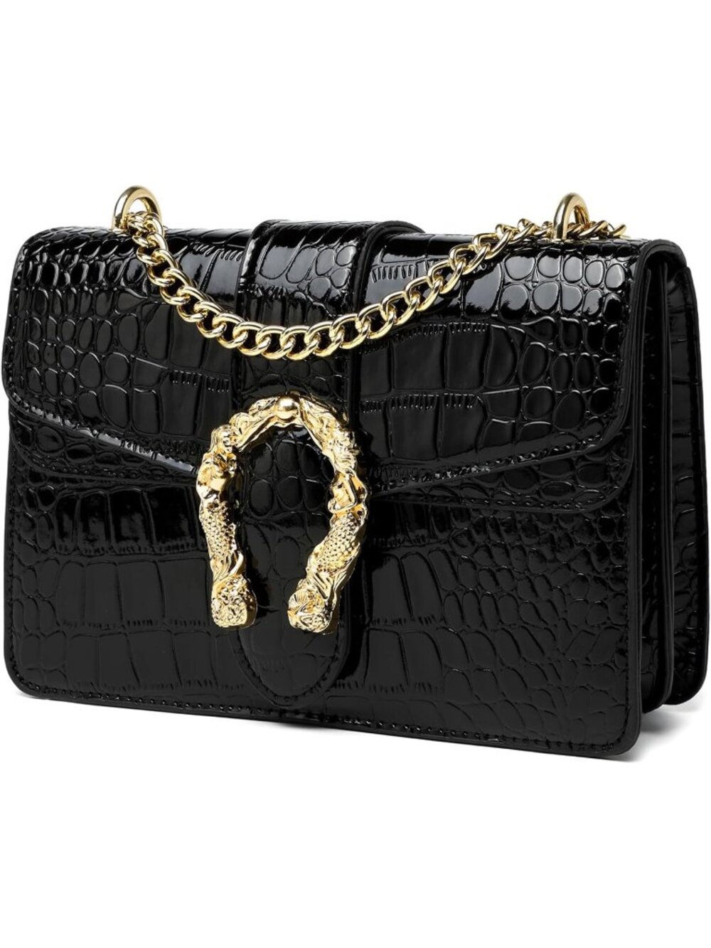 Women's Glossy Black Crossbody Rectangular Evening Handbags Leather Chain Clutch